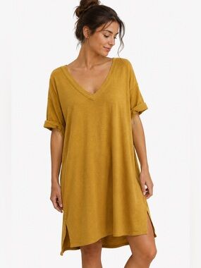 FP Beach by Free People Mustard Oversized V-Neck Tunic Mini Dress M Summer Boho